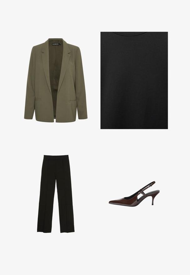 Olivovo zelený blejzer s klopou, dvoma prednými vreckami a otvoreným predným dizajnom. Vyrobený z hladkej tkaniny s priliehavým strihom.; Čierna bavlnená tkanina s hladkou textúrou a okrúhlym výstrihom, s jemným, rovnomerným zrnom. Žiadne viditeľné logo ani akcenty.; Čierne široké nohavice vyrobené z hladkej tkaniny, so priliehavým pásom a jemnými prednými záhybmi pre zvýšenie textúry.; Hnedé lakované slingback lodičky s špicatou špičkou, otvorenými výrezmi a tenkým podpätkom. Obsahujú nastaviteľný remienok s prackou.