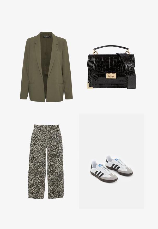 Olivgrüner Blazer mit spitzem Revers, zwei Vordertaschen und offenem Design. Hergestellt aus einem glatten Stoff mit taillierter Passform.; Schwarzer Baumwollstoff mit glatter Textur und Rundhalsausschnitt, der ein dezentes, gleichmäßiges Strukturmuster aufweist. Keine sichtbaren Logos oder Akzente.; Leopardenmuster weite Hosen in einem neutralen Beige- und Schwarzfarbschema. Verfügt über eine hohe Taille, fünf Taschen und einen Knopfverschluss.; Sportschuhe mit einem Obermaterial aus weißem Leder, grauer Wildleder-Zehenkappe und drei schwarzen Streifen. Sie verfügen über ein blaues Logo auf der Zunge und eine strukturierte Gummisohle.; Schwarz lackierte Handtasche mit Krokodilstruktur, goldfarbenen Hardware, einem oberen Griff und einem abnehmbaren Schulterriemen. Rechteckige Form mit Klappenverschluss.