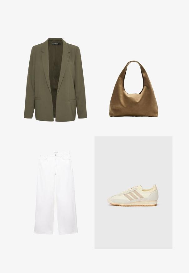 Olivovo zelený blejzer s klopou, dvoma prednými vreckami a otvoreným predným dizajnom. Vyrobený z hladkej tkaniny s priliehavým strihom.; Biele tričko s krátkym rukávom, okrúhly výstrih, jemná bavlnená zmesová tkanina, voľný strih, bezšvový lem, minimalistický dizajn bez ozdôb.; Biele denimové nohavice so širokými nohavicami, vyrobené z hladkej tkaniny. Majú uzáver na gombík a zips s dvoma prednými a dvoma zadnými vreckami.; Krémové športové tenisky s tromi béžovými pruhmi, z kombinácie semišu a textilného materiálu, so štruktúrovanou podrážkou a reliéfne navrhnutým logom na päte.; Hnedá látková taška cez rameno s širokým, zaobleným telom a veľkým vyrezaným uchom. Mäkčená textúra, minimalistický dizajn a bez viditeľného kovania.