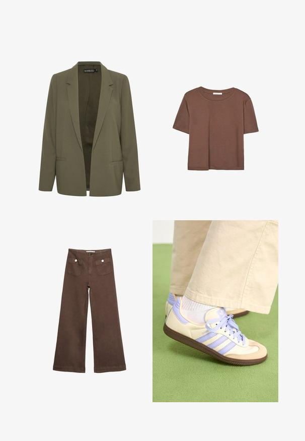 Olivovo zelený blejzer s klopou, dvoma prednými vreckami a otvoreným predným dizajnom. Vyrobený z hladkej tkaniny s priliehavým strihom.; Hnedé tričko s krátkym rukávom vyrobené z jemného materiálu, s okrúhlym výstrihom a voľným strihom. Žiadne viditeľné vzory ani akcenty.; Hnedé široké nohavice vyrobené z bavlny, s dvoma prednými vreckami so striebornými gombíkmi a hladkou textúrou.; Krémovo-fialové tenisky so tromi pruhmi a štruktúrovanou hnedou podrážkou, s šnúrkami a polstrovaným opätkom. Mäkký textilný zvršok.