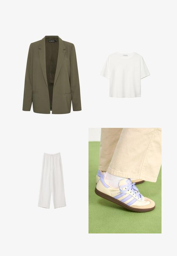 Olivovo zelený blejzer s klopou, dvoma prednými vreckami a otvoreným predným dizajnom. Vyrobený z hladkej tkaniny s priliehavým strihom.; Biela krátkopsová tričko vyrobené z bavlny. Má okrúhly výstrih a voľný strih. Hladká textúra bez viditeľných vzorov alebo akcentov.; Biele široké nohavice vyrobené z ľahkej tkaniny. Obsahujú elastický pás so sťahovacou šnúrkou a bočné vrecká. Hladká textúra.; Krémovo-fialové tenisky so tromi pruhmi a štruktúrovanou hnedou podrážkou, s šnúrkami a polstrovaným opätkom. Mäkký textilný zvršok.