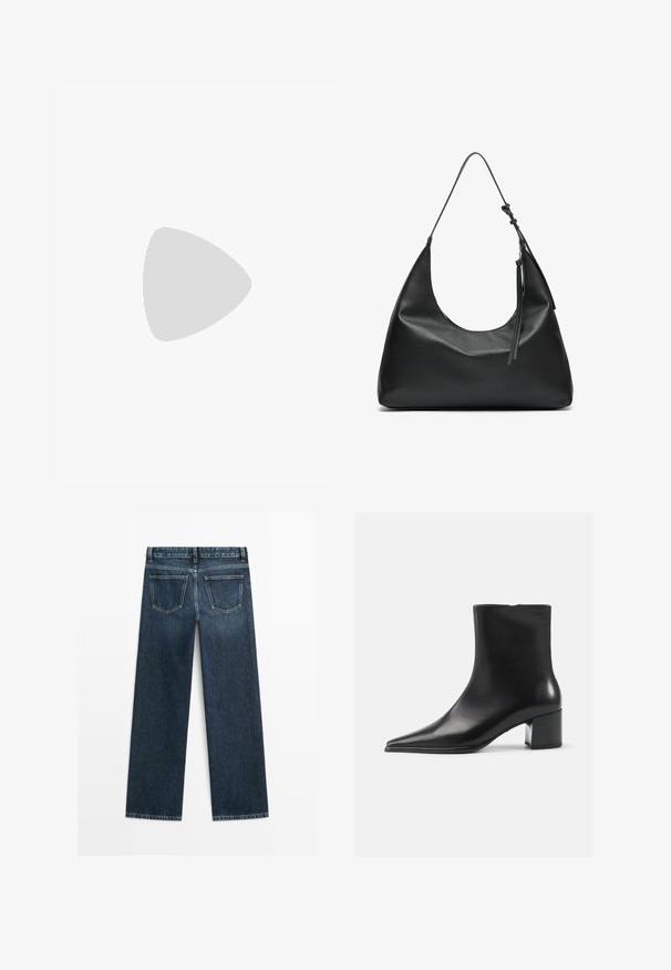 Zwart gestreepte blazer met een satijnen revers, enkele knoopsluiting en twee voorkruiden, gedragen over een zwart geribbeld shirt.; Zwarte, crew-neck trui gemaakt van zachte stof, met lange mouwen en een schoon, eenvoudig ontwerp zonder duidelijke patronen of accenten.; Donkerblauwe spijkerbroek met een rechte snit, voorzien van twee achterzakken en zichtbare stiksels langs de naden en randen.; Zwarte leren enkellaars met een spitse neus, een soepele textuur en een middenblokhak. Minimalistisch ontwerp, ritssluiting aan de achterkant.; Zwarte leren schoudertas met een gebogen vorm, gladde textuur en een lange verstelbare strap. Bevat een subtiele knoopdetail en heeft een minimalistisch ontwerp.