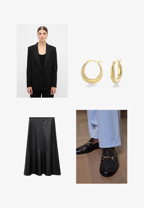 Mustavalkoinen raidallinen bleiseri, jossa on satiinikaulukset, yksi napitus ja kaksi etutaskua, päällä musta ribattu paita.; Valkoinen neulottu neuletakki, jossa on V-pääntie, viisi ruskeaa nappia, kaksi edessä olevaa taskua ja ribbauskaitaleet. Pehmeä rakenne, rento muotoilu.; Musta nahkahame, A-linjainen muoto, polvipituinen, sileä pinta, sauma-yksityiskohtia, levenevä helma ja näkymätön takakiinnitys.; Musta nahkakengät, joissa on kultainen hevosenpään koristelu, yhdistettyinä vaaleansinisiin housuihin, puulattialla.; Kultaiset renkaat, joissa on sileä, heijastava pinta. Kaareva muotoilu sisältää saranoidun sulkijan turvallista käyttöä varten.