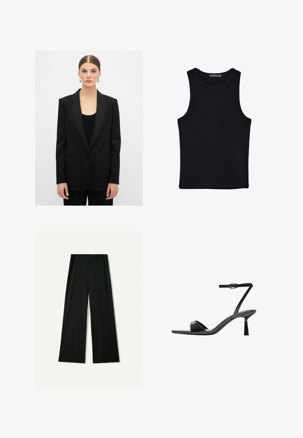 Czarna marynarka w prążki z satynowym klapem, z pojedynczym zapięciem na guzik i dwoma przednimi kieszeniami, noszona na czarnej bluzce o prążkowanej fakturze.; Czarny top na ramionczkach wykonany z bawełny, z okrągłym dekoltem i szerokimi wycięciami na ramionach. Gładka tekstura z przeszytymi brzegami. Klasyczny, minimalistyczny design.; Bershka WIDE czarny; Bershka - Sandały na obcasie