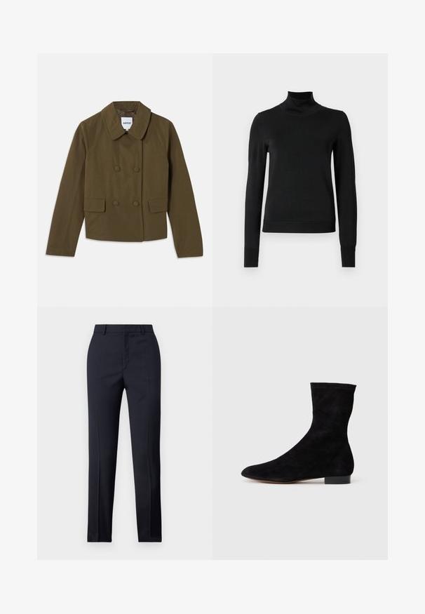 Brun dubbelknäppt jacka med en bred krage, med två framfickor och en slät yta; etikett synlig inuti.; Svart långärmad polotröja med ribbade muddar och nederkant, visad mot en enkel vit bakgrund.; Marinblå skräddarsydda byxor med rak passform, med en slät textur, två framfickor och en ren midjeband.; Svart mocka ankelboots med en åtsittande skaft, spetsig tå och låg blockklack. Slät yta och minimalistisk design, lämplig för mångsidig styling.