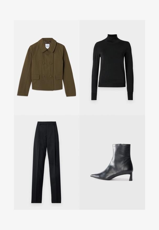 Rjav dvojniki plašč z širokim ovratnikom, ki ima dva sprednja žepa in gladko teksturo; oznaka vidna znotraj.; Črni pulover s dolgimi rokavi in vratnikom, z rebrastimi манжетами in robom, prikazan na enobarvni beli podlagi.; Črne hlače iz gladkega materiala, ki imajo visok pas, široke noge, sprednje nabore in klasične zanke za pas. Nevidni stranski žepi.; Črne usnjene gležnjarje s šiljastim nosom in elegantnim dizajnom. Imajo nizko peto in zadrgo na zadnji strani. Gladka tekstura.