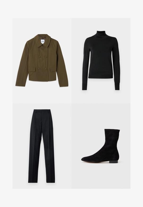 Jachetă maro dublu-botonată cu un guler lat, având două buzunare frontale și o textură netedă; eticheta este vizibilă în interior.; Pulover negru cu mânecă lungă și guler tip colier, cu manșete și tiv cu elastic, expus pe un fundal alb simplu.; Pantaloni negri dintr-un material neted, cu talie înaltă, picioare largi, pliuri frontale și loop-uri clasice pentru curea. Fără buzunare laterale vizibile.; Cizme scurte din suede negre, cu un știft ajustat, vârful ascuțit și un toc mic, pătrat. Textură netedă și design minimalist, potrivite pentru un stil versatil.