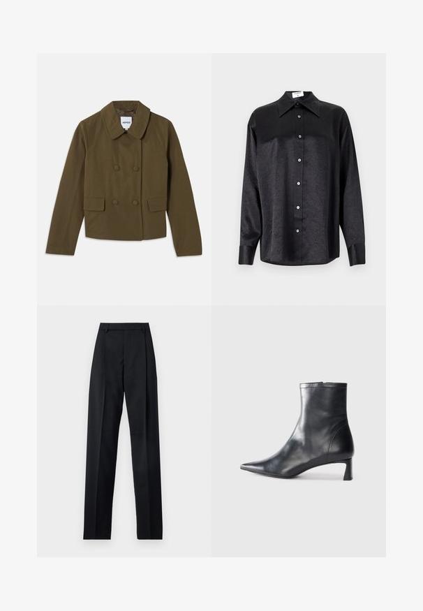 Pruun topeltpõlluga jakk laia kraega, millel on kaks esist pocketit ja sile tekstuur; sildiga nähtav sees.; Musta pikemate varrukatega särk, millel on krae ja kortsus tekstuur, täispikk nööpidega eesmine osa ja varrukate mansetid. Valmistatud siledast kangast.; Mustad püksid siledast kangast, millel on kõrge vöökoht, laiad jalad, esimesed kortsud ja klassikalised vööloopid. Küljepockets pole nähtavad.; Mustad mustall nahkasaabas terava nina ja stiilse disainiga. Omab madalat konts ja luku sulgemist taga. Sile tekstuur.