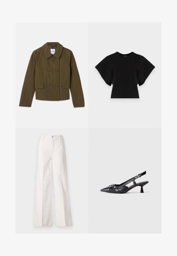 Brūna divkrūšu jaka ar plašu apkakli, kas aprīkota ar divām priekšējām kabatām un gludu tekstūru; etiķete redzama iekšpusē.; Melnā īsā T-kreklu, kas izgatavots no kokvilnas, ar īsām, platām piedurknēm un apaļu kakla izgriezumu, ar gludu tekstūru un minimālistisku dizainu.; Baltas platfita bikses, izgatavotas no kokvilnas ar gludu tekstūru. Aprīkotas ar priekšējo pogu, rāvējslēdzēju un četru kabatu dizainu.; Melnas ādas šlipsveida kurpes ar norādītu purngalu, dekoratīvām joslām ar metāla acīm un zemu bloku papēdi. Teksturēta virsma.