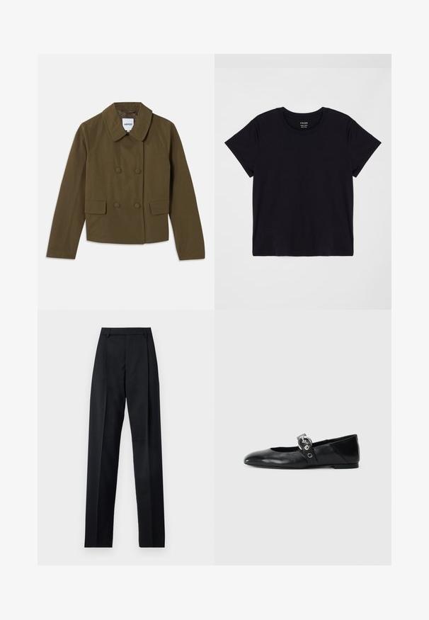 Braune doppelte Jacke mit weitem Kragen, ausgestattet mit zwei frontalen Taschen und einer glatten Textur; Etikett innen sichtbar.; Schwarzes Kurzarm-T-Shirt aus weicher Baumwolle. Klassisches Rundhalsausschnitt-Design mit einer einfachen, ungeschmückten Oberfläche und einem lockeren Schnitt.; Schwarze Hosen aus glattem Stoff mit hoher Taille, weitem Bein, vorderen Falten und klassischen Gürtelschlaufen. Keine sichtbaren Seitentaschen.; Schwarze Ballettflat mit spitzer Spitze, ausgestattet mit einem Riemen und einer runden, metallischen Schnalle sowie einer flachen Sohle.