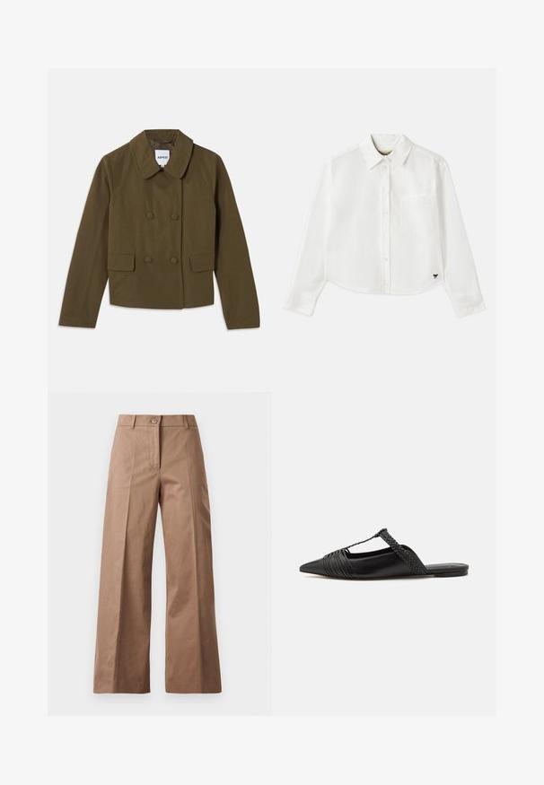 Braune doppelte Jacke mit weitem Kragen, ausgestattet mit zwei frontalen Taschen und einer glatten Textur; Etikett innen sichtbar.; Weißes, kurzes Langarmhemd aus Baumwolle. Verfügt über eine durchgehende Knopfleiste, eine Brusttasche und ein kleines schwarzes Logo unten links.; Braune weite Hose aus einem glatten Stoff, mit einem Knopfverschluss vorne, zwei Fronttaschen und klaren, maßgeschneiderten Linien.; Schwarzer Leder-Slingback-Schuh mit spitzem Zehenbereich, ausgestattet mit einem geflochtenen Akzent und einem gefalteten Oberdesign. Flache Sohle mit minimalem Zubehör.