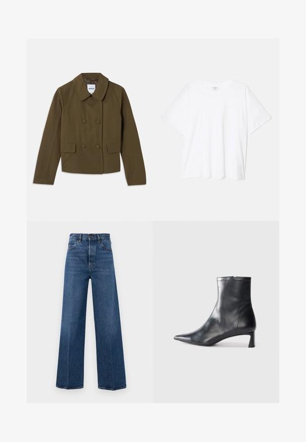 Brown double-breasted jacket with a wide collar, featuring two front pockets and a smooth texture; label visible inside.; White cotton t-shirt with short sleeves, round neckline, relaxed fit, and stitched hem. Label visible on the inside neck.; Wide-leg blue jeans made of denim with a high waist, front pockets, and contrast stitching. The fabric has a smooth texture.; Black leather ankle boot with a pointed toe and a sleek design. Features a low heel and a zipper closure at the back. Smooth texture.