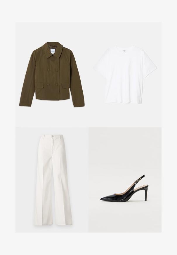 Chaqueta marrón de doble botonadura con un amplio cuello, que presenta dos bolsillos frontales y una textura suave; etiqueta visible en el interior.; Camiseta de algodón blanca con mangas cortas, escote redondo, corte relajado y dobladillo cosido. Etiqueta visible en el interior del cuello.; Pantalones de pierna ancha blancos hechos de algodón con una textura suave. Cuenta con un botón delantero, cremallera y un diseño de cuatro bolsillos.; Zapatos de charol negro con tirante al tobillo, punta afilada, tacón delgado y un diseño de corte sutil. Presenta una hebilla dorada en la correa.