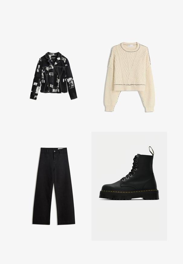 Black denim jacket featuring mixed media print with white text and images, notched collar, two chest pockets, and contrast stitching.; Cream cable-knit sweater featuring a cropped design, ribbed cuffs, and a contrasting black outline on the neckline and hem.; Black wide-leg denim pants with a high waist, featuring front and back pockets, stitched seams, and a button closure. Smooth texture.; Black leather lace-up ankle boots with a chunky textured rubber sole and yellow stitching detail around the platform.