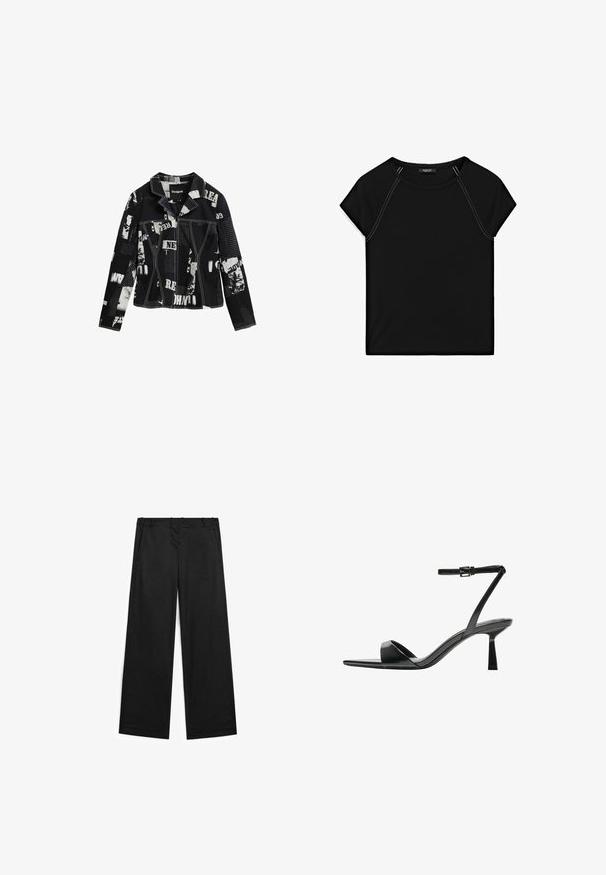 Sort denimjakke med blandet medieprint, hvide tekster og billeder, skrå krave, to brystlommer og kontrastsyninger.; Sort kortærmet top med rund halsudskæring og kontrastfarvet hvid syning langs skuldre og sider. Blødt, glat stof.; Bredde ben sorte bukser lavet af en bomuldsblanding, med en glat tekstur, frontlommer og minimale syninger.; Bershka Højhælede sandaletter / Højhælede sandaler - black