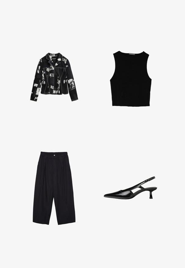 Sort denimjakke med blandet medieprint, hvide tekster og billeder, skrå krave, to brystlommer og kontrastsyninger.; Sort ærmeløs crop top lavet af glat stof, med rund hals og et rent, enkelt design uden mønstre eller hardware.; Sorte polyester culotte bukser med elastisk talje, to forpiber og en løs silhuet. Ingen synlige mønstre eller hardware detaljer.; Sorte patentlæder slingback hæle med spids tå, udskåret sideskærm og en lille firkantet hæl. Glat tekstur med minimale detaljer.