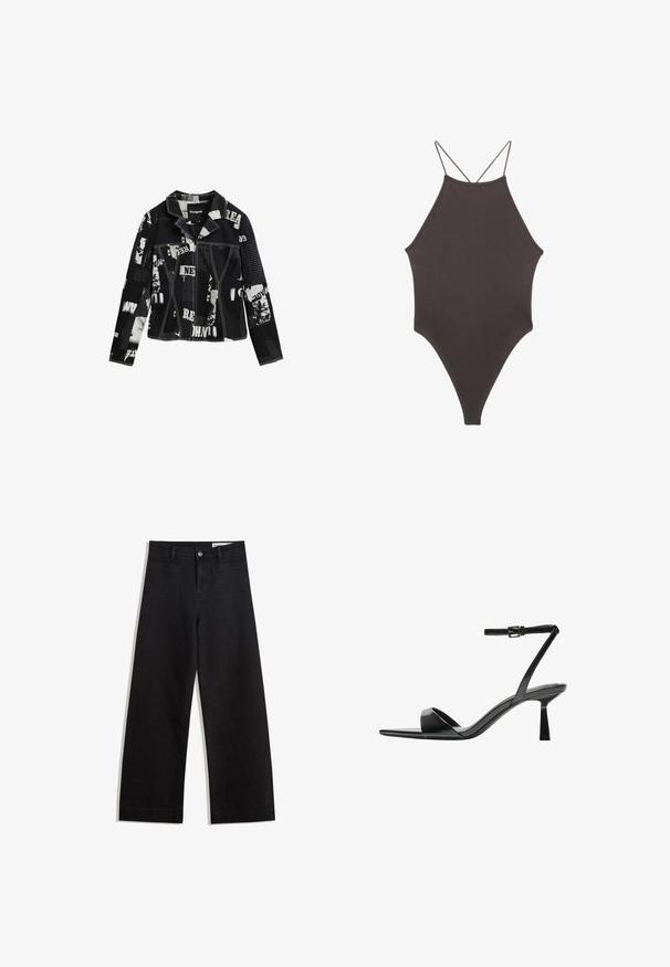 Sort denimjakke med blandet medieprint, hvide tekster og billeder, skrå krave, to brystlommer og kontrastsyninger.; Brun højhalset heldragt badedragt med tynde, justerbare stropper; har højt skåret ben og glat tekstur. Ingen mønstre eller udsmykninger.; Sorte wide-leg denim bukser med høj talje, der har front- og baglommer, syede sømme og en knaplukning. Glat tekstur.; Bershka Højhælede sandaletter / Højhælede sandaler - black