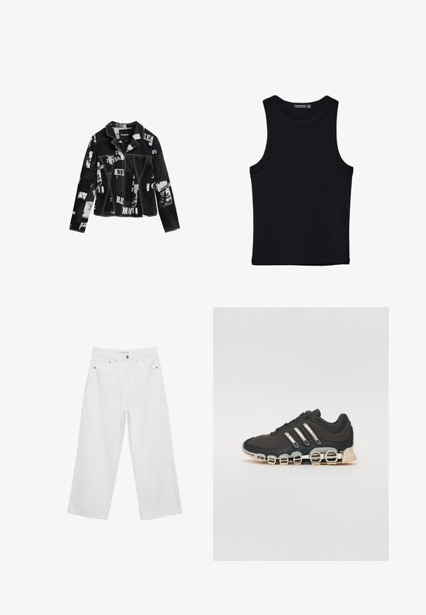 Zwarte denim jas met gemengde media print, witte tekst en afbeeldingen, inkeping kraag, twee borstzakken en contrasterende stiksels.; Zwarte tanktop gemaakt van katoen, met een ronde halslijn en brede armopeningen. Gladde textuur met gestikte zomen. Klassiek, minimalistisch ontwerp.; Witte wijde jeans van denim met een hoge taille, voorzien van vijf zakken en metalen hardwareaccenten. Gladde textuur, geen zichtbare patronen.; Zwarte sportschoen met een gestructureerde bovenkant, drie zilveren strepen en een kenmerkende dempingszool met meerdere geïntegreerde secties.