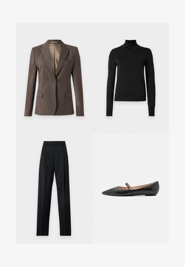 Yksinappinen tummanruskea räätälöity bleiseri, jossa on läpälliset taskut ja rintatasku, esiteltynä yksinkertaisella valkoisella taustalla.; Musta pitkähihaisen pooloneuleen, jossa on ribbikuvioiset hihansuut ja helma, esitetty yksinkertaisella valkoisella taustalla.; Musta housut, jotka on valmistettu sileästä kankaasta ja joissa on korkea vyötärö, leveät lahkeet, etukaarteet ja klassiset vyölenkit. Ei näkyviä sivutaskuja.; Musta nahkainen ballerinat, joissa on terävä kärki ja sivuhihna, jossa on pyöreä kultainen yksityiskohta. Kevyet ja litteällä pohjalla.