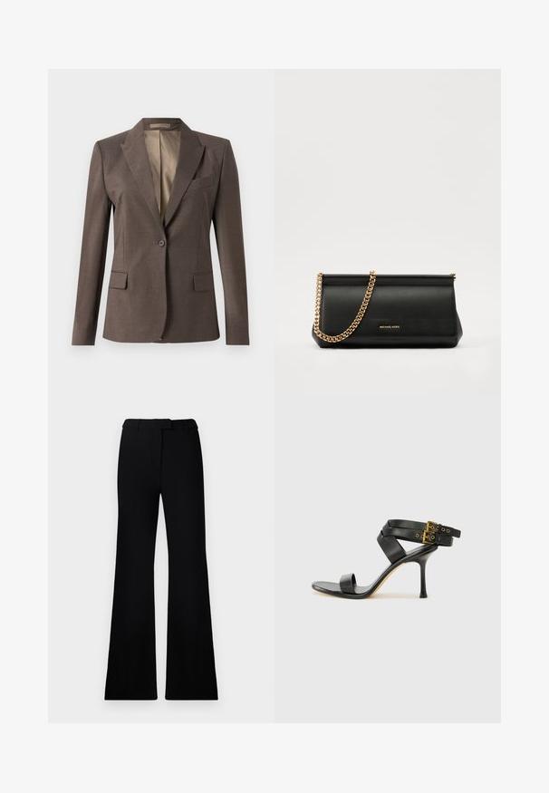 Single-button dark brown tailored blazer with notched lapels, flap pockets, and chest welt pocket, shown on a plain white background.; Black sleeveless turtleneck top made from soft material, featuring a high collar and a back zip closure. Simple design with no patterns or accents.; Black flared pants featuring a smooth texture, tailored waistband, and front pockets, designed with a sleek, modern silhouette.; Black heeled sandal with crossed straps and adjustable buckle. Features a smooth texture and tapered stiletto heel.; Black leather clutch bag with a gold chain strap, featuring a smooth texture, rectangular shape, and embossed branding on the front.