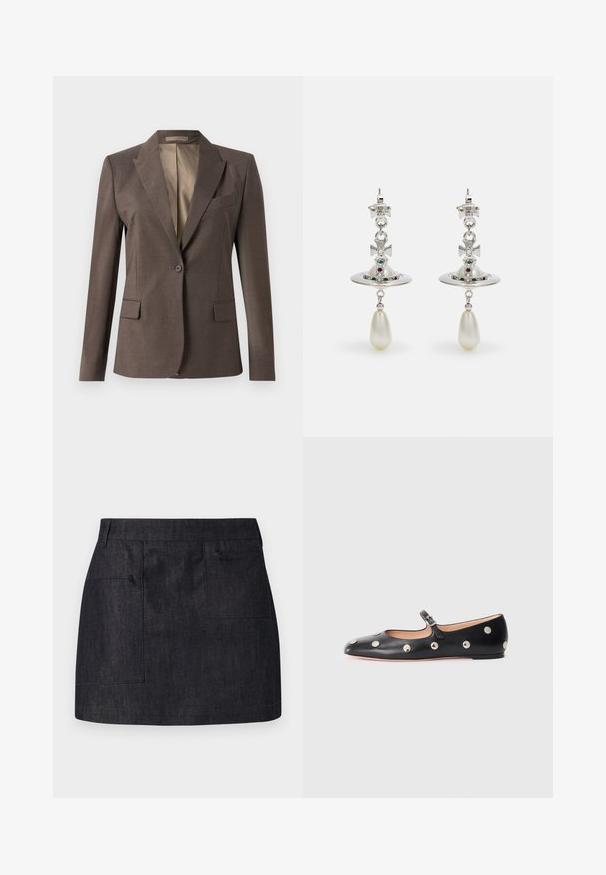 Jednoprzyciskowa, ciemno-brązowa, dopasowana marynarka z klapami, kieszeniami z klapami oraz kieszenią na piersi, zaprezentowana na jednolitym białym tle.; Biała koszula z długim rękawem o dopasowanym kroju. Posiada dużą kołnierz, zapięcie na guziki z przodu z brązowymi guzikami oraz małe haftowane logo.; Czarna spódnica dżinsowa o prostym kroju, z dwoma przednimi kieszeniami i subtelną teksturą. Czysta linia dołu i standardowy fason pasa.; Czarne skórzane buty typu Mary Jane na płaskim obcasie z zaokrąglonym czubkiem, ozdobione srebrnymi okrągłymi ćwiekami oraz regulowanym paskiem z klamrą.; Srebrne kolczyki z okrągłym kółkiem, ozdobione błyszczącymi kamieniami i wiszącą perełką w kształcie kropli. Charakterystyczny wzór z misternymi akcentami.