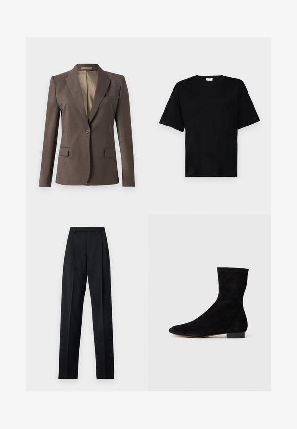 Dunkelbrauner, taillierter Ein-Knopf-Blazer mit Reverskragen, Klapptaschen und Brustleistentasche, auf einem einfachen weißen Hintergrund abgebildet.; Schwarzes T-Shirt mit kurzen Ärmeln in lässiger Passform, aus weichem Stoff gefertigt, mit rundem Halsausschnitt und ohne auffällige Muster oder Akzente.; Schwarze Hosen aus glattem Stoff mit hoher Taille, weitem Bein, vorderen Falten und klassischen Gürtelschlaufen. Keine sichtbaren Seitentaschen.; Schwarze Wildleder-Ankelboots mit einem enganliegenden Schaft, spitzer Zehenform und niedrigem Blockabsatz. Glatte Textur und minimalistisches Design, geeignet für vielseitige Styles.