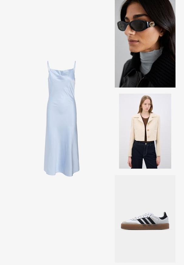 Korte crèmekleurige jas in gestructureerde stof met een reverskraag, drie knopen en een voorkantzak, gecombineerd met donkere jeans en een bruine top.; Lichtblauw satijnen slipjurk met dunne bandjes, een gladde textuur en een licht uitlopende zoom. Eenvoudig ontwerp zonder zichtbare patronen of accenten.; Witte leren sneakers met zwarte strepen, gumrubberen buitenzool, ronde neus, vetersluiting en een zachte grijze suède neuskap.; Zwarte zonnebril met een stijlvolle rechthoekige montuur en een gouden logo-accent aan de zijkant. Donkere lenzen en een glanzende afwerking zijn opvallend.