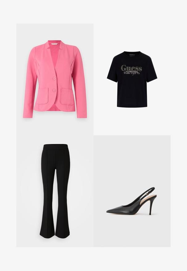 Sacou roz din țesătură texturată, cu guler înclinat, două buzunare frontale și două butoane. Design croit, cu mâneci lungi.; Tricou din bumbac negru cu guler rotund și mâneci scurte. Are un logo strălucitor "Guess" și textul "Înființat în 1981".; Pantaloni negri evazați, realizați dintr-un material elastic cu o textură netedă, având detalii cusute pe față pentru un plus de design.; Pantofii cu toc înalt din piele neagră, cu vârf ascuțit, textură netedă și o curea delicată cu o cataramă metalică.