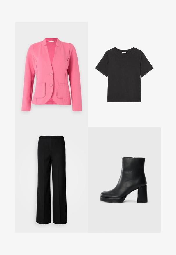 Blazer rose en tissu texturé avec un col cranté, deux poches devant et deux boutons. Design ajusté avec des manches longues.; T-shirt noir en tissu doux, avec un col rond et des manches courtes. Le design est simple, sans motifs ni accents visibles.; Pantalons larges noirs en tissu lisse, dotés d'une taille haute, de coutures taillées et d'un design minimaliste. Aucun matériel visible ni poches.; Bottine en cuir noir avec un talon bloc et une semelle plateforme, vue de côté sur un fond blanc uni.
