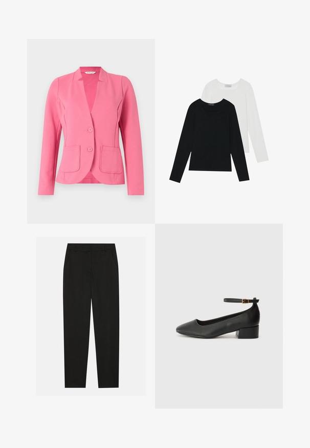 Roze blazer van textuurstof met een gelid kraag, twee voorzakken en twee knopen. Tailored ontwerp met lange mouwen.; Twee shirts met lange mouwen, één zwart en één wit, beide met een vierkante halslijn en gemaakt van zacht, rekbaar materiaal.; Zwarte broek met een tailormade ontwerp, voorzien van zijzakken en een rechte pijp. Gemaakt van een soepele, lichte stof met een strakke afwerking.; Zwarte leren pump met een spitse neus en een lage blokhak. Beschikt over een enkelband met een goudkleurige gespsluiting. Gladde textuur.