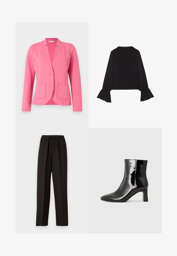 Rozā bleizera žakete, kas izgatavota no teksturēta auduma, ar iekaļotu apkakli, divām priekšējām kabatām un divām pogām. Šūta ar garām piedurknēm.; Melna garām piedurknēm krekls ar izplestu aproču, maigu tekstūru un brīvu piegriezumu, ar vienkāršu apaļu dekoltē.; Melni, platajā kājā bikses ar elastīgu jostasvietu un regulējamu saiti. Izgatavotas no gludas, vieglas auduma bez redzamām rakstām.; Melnas patentētas ādas potīšu zābaki ar norādītu pirkstu un vidēja augstuma kvadrātveida papēdi. Gluda tekstūra un minimālisma dizains.