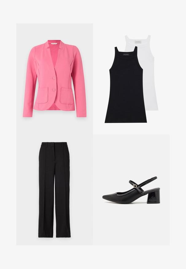 Pink blazer made of textured fabric with a notched collar, two front pockets, and two buttons. Tailored design with long sleeves.; Two sleeveless tops in black and white. Made of soft, stretchy fabric with a ribbed texture and a fitted design. Features narrow straps.; Black trousers with a straight leg design, featuring two front pleats, a waistband, and no visible pockets or embellishments.; Black patent leather slingback heels with a pointed toe, a rounded cutout design, and a block heel. Features a gold-tone buckle accent.