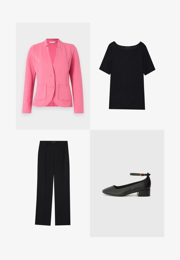 Roza blazer iz teksturirane tkanine z izrezom, dvema sprednjima žepoma in dvema gumboma. Prilegajoč dizajn z dolgimi rukavi.; Črna majica s kratkimi rokavi z širokim izrezom. Narejena iz mehkega, lahkega materiala. Preprost dizajn brez vzorcev ali poudarkov.; Črne hlače s ravnim krojem, ki imajo dva sprednja žepa in pas. Narejene so iz gladkega, lahkega materiala.; Črne usnjene pumpice z nazobčanimi prsti in nizko blokasto peto. Imajo trak okoli gležnja z zaponko v zlatem tonu. Gladka tekstura.