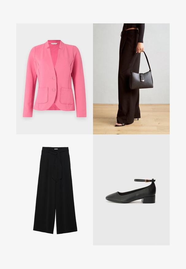 Pink blazer made of textured fabric with a notched collar, two front pockets, and two buttons. Tailored design with long sleeves.; Long-sleeve t-shirts in white, burgundy, and black. Made of soft fabric with a round neckline and fitted design. Suitable for layering.; Black wide-leg pants featuring a textured fabric, an elastic waistband, and a detachable sash tie at the waist for adjustable fit.; Black leather pump with a pointed toe and a low block heel. Features an ankle strap with a gold-tone buckle. Smooth texture.; Black handbag with structured shape, smooth texture, and a metallic clasp. Paired with wide black pants and open-toe sandals on wooden floor.