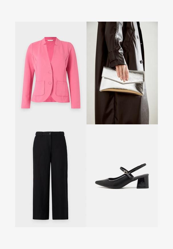 Pink blazer made of textured fabric with a notched collar, two front pockets, and two buttons. Tailored design with long sleeves.; White cotton t-shirt featuring a printed design of red leaves with fine lines. Includes text "TOM TAILOR" below the graphic.; Black wide-leg pants made of a lightweight fabric, featuring a front button closure and belt loops. Smooth texture with no visible patterns.; Black patent leather slingback heels with a pointed toe, a rounded cutout design, and a block heel. Features a gold-tone buckle accent.; Silver metallic clutch with an angular envelope design, smooth texture, and contrasting interior color, held in a hand wearing a black coat.