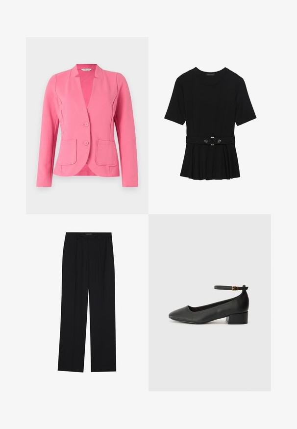 Rosa Blazer aus strukturiertem Stoff mit Reverskragen, zwei vorderen Taschen und zwei Knöpfen. Taillierte Passform mit langen Ärmeln.; Schwarzes Kurzarmoberteil aus glattem Material, mit einem Peplum-Design und einem taillierten Bund, der mit zwei runden, silberfarbenen Knöpfen ausgestattet ist.; Schwarze Hose mit geradem Bein, ausgestattet mit zwei frontalen Taschen und einem Taillenbund. Hergestellt aus einem glatten, leichten Stoff.; Schwarze Lederpumps mit spitzem Zehenbereich und niedrigem Blockabsatz. Mit einem Knöchelriemen und einer goldfarbenen Schnalle. Glatte Textur.