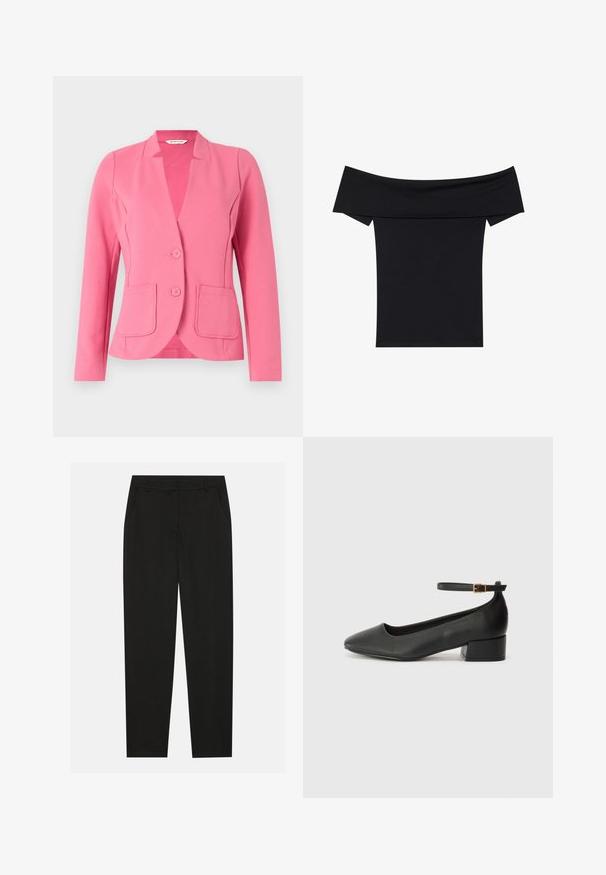 Różowy żakiet wykonany z teksturowanej tkaniny z wyłamiem, dwoma przednimi kieszeniami i dwoma guzikami. Dopasowany krój z długimi rękawami.; Czarny top bez ramiączek wykonany z miękkiego, elastycznego materiału. Posiada krótkie rękawy i dopasowany fason. Prosty, bezszwowy design.; Czarne spodnie o dopasowanym kroju, z bocznymi kieszeniami i prostą nogawką. Wykonane z gładkiego, lekkiego materiału o eleganckim wykończeniu.; Czarne skórzane szpilki z ostrym noskiem i niskim słupkowym obcasem. Wyposażone w pasek na kostkę z złotym zapięciem. Gładka tekstura.