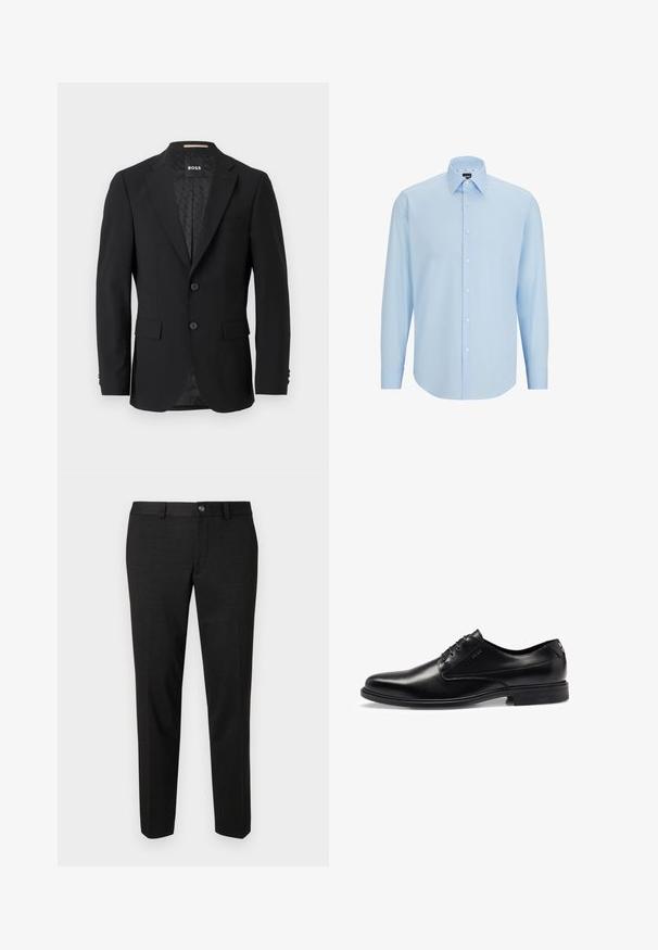 Black blazer with a single-breasted design, notched lapels, two front pockets, and two buttons. Smooth fabric with a patterned interior lining.; Light blue long-sleeve dress shirt made of smooth fabric, featuring a button-down front, pointed collar, and regular fit.; Black trousers made of a smooth fabric. They feature a straight cut, a flat front, and a button closure with a simple waistband design.; Black leather dress shoe with a smooth finish, lace-up design, rounded toe, and subtle stitching details. Features a black rubber sole.