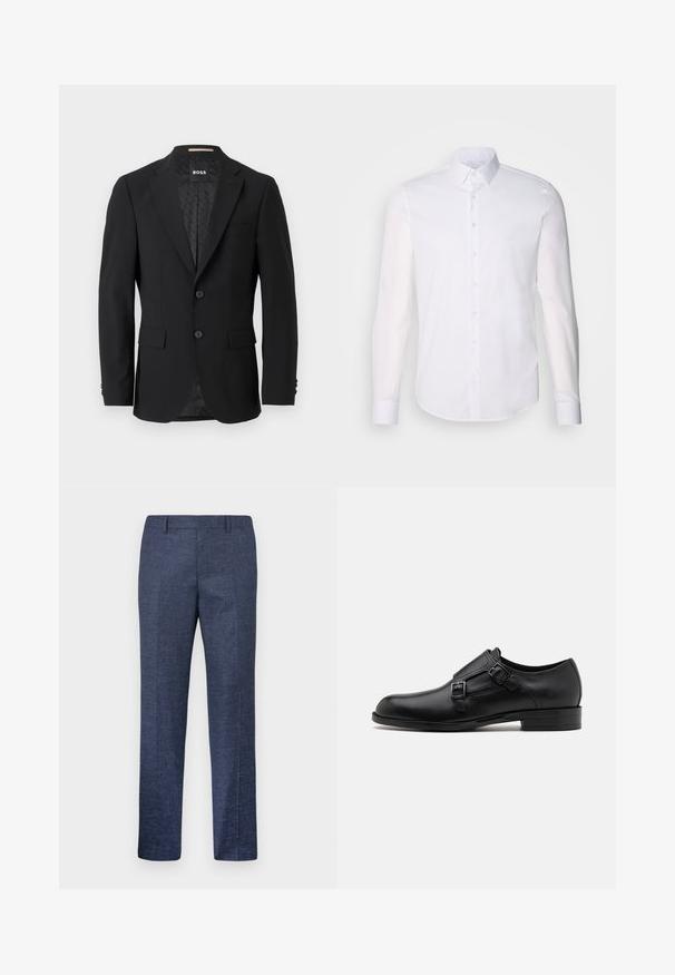 Czarny żakiet o jednorzędowym kroju, z klapami, dwiema przednimi kieszeniami i dwoma guzikami. Gładki materiał z wzorzystą podszewką.; Biała, długosleeve koszula zapinana na guziki z bawełny, z klasycznym kołnierzykiem, guzikami z przodu i minimalnymi detalami przeszycia.; Granatowe spodnie wykonane z teksturowanej tkaniny, z prostymi nogawkami, płaskim przodem i dwoma bocznymi kieszeniami. Brak widocznych wzorów lub akcentów.; Czarne skórzane buty do garnituru z podwójnymi klamrami, smukła sylwetka i okrągły czubek. Posiadają niski obcas i gładką fakturę.