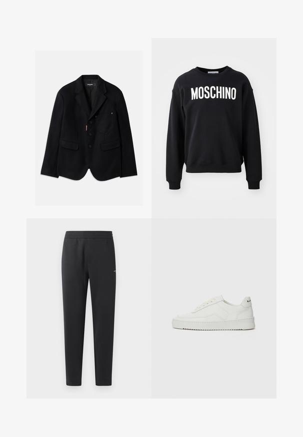 Black blazer made from textured fabric, featuring a single chest pocket, two front pockets, and four buttons. Notable red logo detail.; Black sweatshirt made from soft fabric featuring a round neckline and ribbed cuffs. Prominent white "MOSCHINO" logo across the front.; Black jogger pants made of soft fabric, featuring an elastic waistband, straight legs, and a single small logo detail on the side.; White leather sneaker with a smooth finish, round toe, flat laces, and a textured sole. Features a subtle logo on the heel.