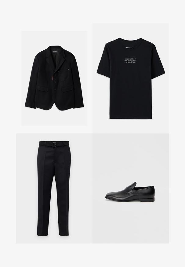 Sacou negru confecționat din țesătură texturată, cu un buzunar pe piept, două buzunare în față și patru nasturi. Detaliu de logo roșu notabil.; Tricou negru din bumbac, cu mâneci scurte și gât rotund. Prezintă o imprimare numerică albă cu un '6' stilizat pe piept.; Pantalonii negri ajustați sunt fabricați dintr-un material neted, au croi drept și o talie încrustată cu o cataramă rectangulară. Pliseele frontale notabile îmbunătățesc designul.; Pantofii negri din piele, slip-on, cu vârf ascuțit, textură netedă și branding subtil pe lateral. Toc jos cu un design curat și minimal.