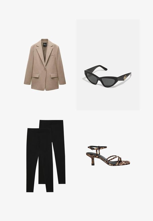 Blazer beige realizzato in tessuto testurizzato. Presenta un colletto a revers, chiusura con un bottone, due tasche frontali e una tasca sul petto.; Due maglie a manica lunga con collo alto, una bianca e una nera, realizzate in un tessuto morbido e elasticizzato, entrambe con un design aderente e colli alti.; Leggings neri realizzati in tessuto elastico, con una vita senza cuciture e un design slim fit, adatti per l'abbigliamento casual o per l'esercizio.; Sandali con tacco in stampa leopardata, con punta quadrata, multiple cinghie e un tacco di altezza media. Realizzati in morbido materiale tessile.; Occhiali da sole a forma di gatto con montatura in plastica nera opaca, lenti scure e un'accensione con logo dorato sulla stanghetta. Design angolare e superficie liscia.; Borsa a tracolla in pelle marrone con motivo logo, tracolla in catena dorata, chiusura con zip e dettagli in metallo dorato. Forma compatta e rettangolare.