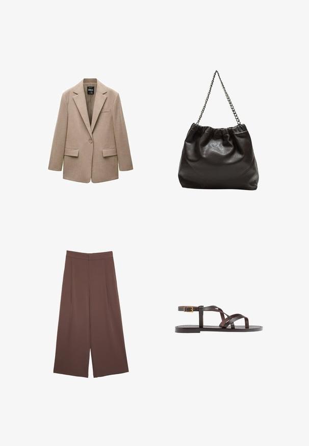 Bež blazer izdelan iz teksturirane tkanine. Ima zarezan ovratnik, enojno zapiranje na gumb, dva sprednja žepa in žep na prsih.; Rjava kratka majica s kratkimi rokavi iz mehkega materiala, s krožnim izrezom in ohlapnim krojem. Brez vidnih vzorcev ali dodatkov.; Rjave široke hlače z gladko teksturo, ki imajo visok pas in sprednje naborke. Tkanina je lahka in prosto pada.; Rjav usnjen sandal z načinom prečnega črta, zaklepom okoli gležnja in ravnim podplatom z minimalnimi šivi.; Rjava usnjena torba z nabranim vrhom in verižnim trakom. Gladka tekstura z sijajno površino in subtilnimi šivi na straneh.