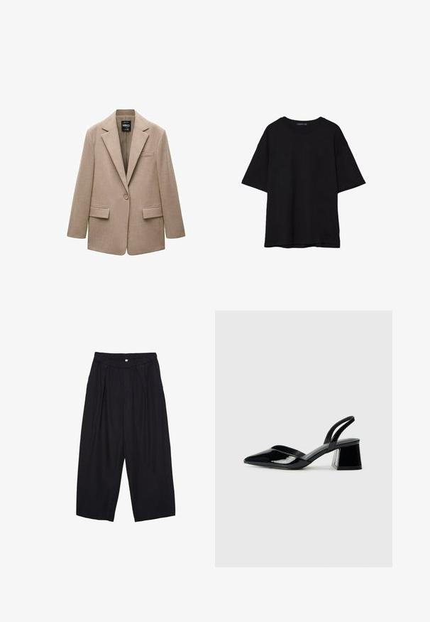 Beżowa marynarka wykonana z teksturowanej tkaniny. Posiada klapy z wcięciem, zapięcie na jeden guzik, dwie kieszenie z przodu oraz kieszeń na piersi.; Czarna bawełniana koszulka z luźnym krojem, krótkimi rękawami, okrągłym dekoltem i gładką fakturą. Bez widocznych wzorów ani akcentów.; Czarne spodnie culotte z poliestru z elastycznym pasem, dwoma fałdami z przodu i luźnym krojem. Brak widocznych wzorów lub elementów metalowych.; Czarne lakierowane półbuty na obcasie z wydłużonym noskiem i geometrycznym słupkiem. Charakteryzują się eleganckim, minimalistycznym designem oraz gładką fakturą.