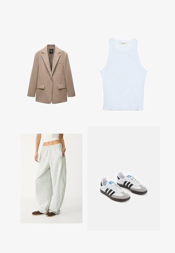 Blazer beige realizzato in tessuto testurizzato. Presenta un colletto a revers, chiusura con un bottone, due tasche frontali e una tasca sul petto.; Canotta bianca, texture a coste, scollatura rotonda, design senza maniche, forma aderente, branding sottile sull'etichetta all'interno dell'area del colletto.; Pantaloni della tuta grigi chiari con vita elasticizzata, tasche laterali e vestibilità ampia. Realizzati in tessuto morbido e strutturato; presentano cuciture sottili.; Scarpe sportive con tomaia in pelle bianca, punta in suede grigia e tre strisce nere. Presentano un logo blu sulla linguetta e una suola in gomma testurizzata.