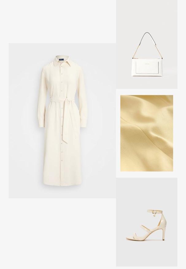 Tessuto di cotone di un giallo pallido, caratterizzato da una superficie texturizzata con una leggera lucentezza e linee di cucitura visibili. Texture liscia e morbida.; Polo Ralph Lauren SATIN SHIRTDRESS - Abito a camicia - mascarpone cream; Sandali con tacco alto beige, dotati di una sottile cinghia alla caviglia e due cinturini superiori. Finitura lucida in vernice e dettaglio in hardware dorato sulla cinghia alla caviglia.; Borsa a tracolla bianca in pelle con un finish testurizzato, dotata di una tracolla in catena dorata e accenti neri. Include una tasca frontale e una chiusura con zip.