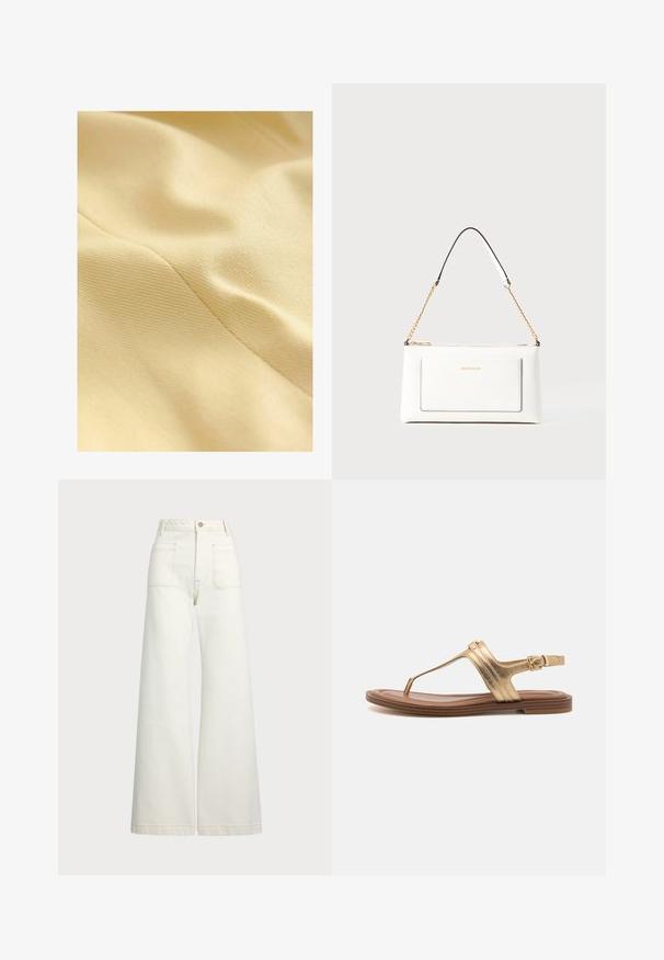 Katoenen stof in lichtgeel, met een gestructureerd oppervlak dat een subtiele glans en zichtbare stiksellijnen heeft. Gladde en zachte textuur.; Korte mouwen, gestreepte top in crème en marineblauw, met een ronde halslijn en een boxy ontwerp van een textuurstof.; Wijd-zit jeans van off-white denim. Hooggaande taille met een knoopsluiting, twee voorzakken en contrasterende stikdetails.; Gouden metallic sandalen met een verstelbaar thongsysteem, een contrasterende bruine zool, gespsluiting en lijnaccenten op de banden voor een veilige pasvorm.; Witte leren handtas met een textuurafwerking, voorzien van een gouden schouderhengsel en zwarte accenten. Inclusief een voorvak en ritssluiting.