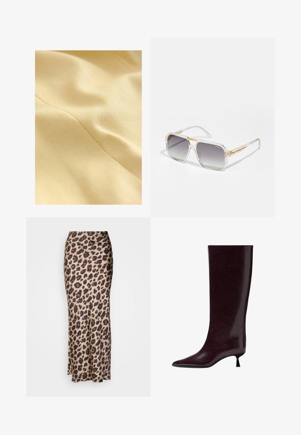 Tissu en coton de couleur jaune pâle, présentant une surface texturée avec un éclat subtil et des lignes de couture visibles. Texture lisse et douce.; Chemise marron à manches longues en tissu lisse. Elle présente un col rond et un ourlet droit, sans motifs ni accents visibles.; Jupe midi en satin lisse à imprimé léopard. Présente une silhouette ajustée avec une légère fente à l'ourlet pour le mouvement. Couleurs beige et marron neutres.; Botte en cuir bordeaux montée jusqu'au genou avec une finition lisse et texturée, un bout pointu et un talon fin empilé pour un supplément de hauteur.; Carrera VICTORY UNISEX - Lunettes de soleil - transparent; Sac à main texturé or avec une sangle en cuir lisse, doté d'une fermeture éclair et d'un motif de logo subtil imprimé sur la surface.