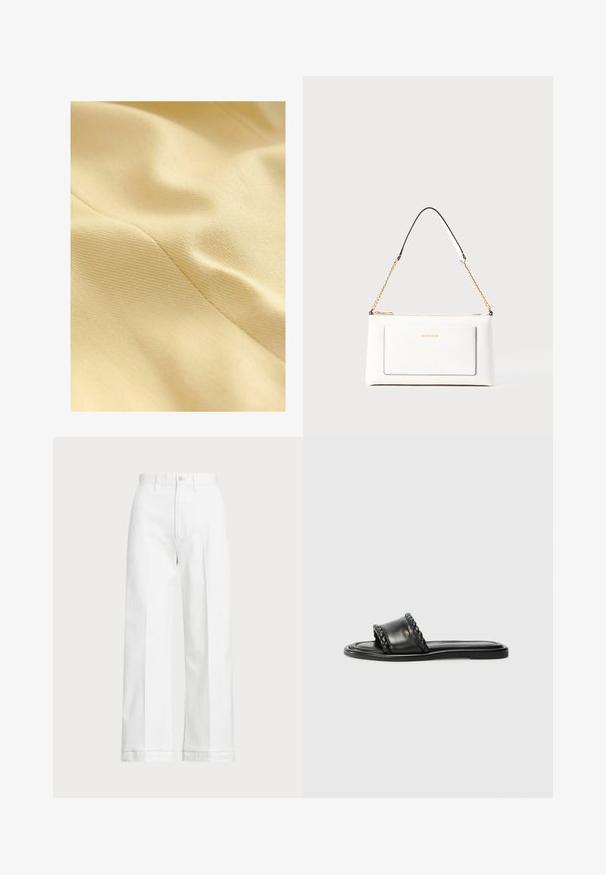 Cotton fabric in pale yellow, featuring a textured surface with a subtle sheen and visible stitching lines. Smooth and soft texture.; White sleeveless sweater made of smooth cotton, featuring a ribbed hem and a small navy logo on the bottom left. Simple design, no patterns.; White wide-leg trousers with a high waist, featuring a button closure and subtle stitching details. Made from cotton with a smooth texture.; Black leather sandal with a woven strap detail, flat sole, and a sleek design. Smooth texture and minimalistic profile.; White leather handbag with a textured finish, featuring a gold chain strap and black accents. Includes a front pocket and zipper closure.