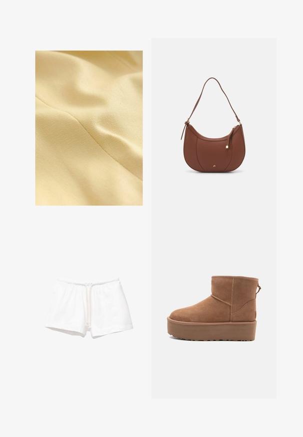 Cotton fabric in pale yellow, featuring a textured surface with a subtle sheen and visible stitching lines. Smooth and soft texture.; Plain white t-shirt made of cotton with a round neckline, short sleeves, and a relaxed fit. Smooth texture with no patterns or accents.; White cotton shorts with an elastic waistband and drawstring, featuring a smooth texture and no patterns or additional accents.; Tan suede ankle boot with a platform sole, rounded toe, and stitching accents; features a pull tab at the back for easy wear.; Brown faux leather shoulder bag with curved shape, minimal stitching, and a gold-tone hardware accent. Features a top zipper closure and adjustable strap.